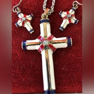 Diamond Enamel Sterling Silver Cross and Earrings set VTG